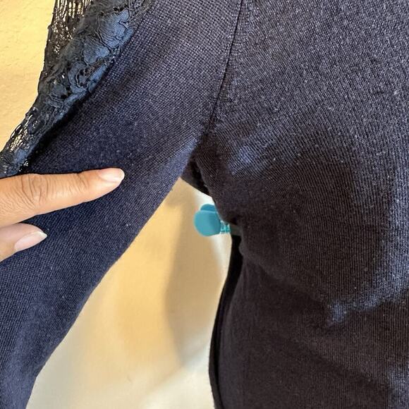 Les Copains Navy Blue Wool Cashmere Knit Cardigan Set Lace Sweater Old Money Top - Picture 10 of 11